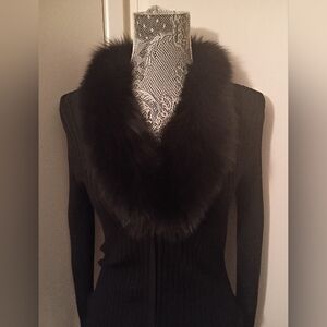 White House Black Market Ribbed Zip Up Cardigan Sweater Removable Fur Collar S